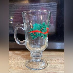 Vintage Libbey Holly Berry & Ribbon Irish Coffe / Hot Chocolate Glass 5.5" Tall,